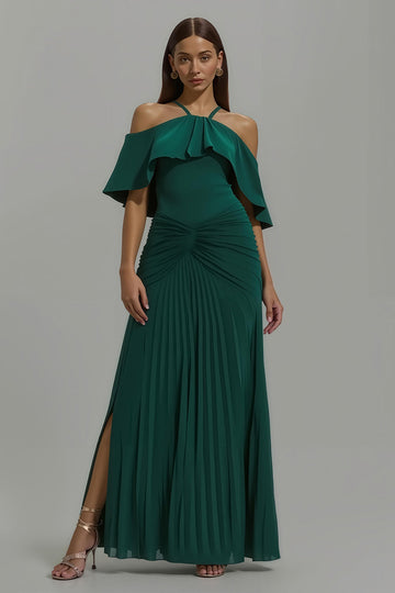 Robe longue de fête plissée dos nu vert foncé avec volants